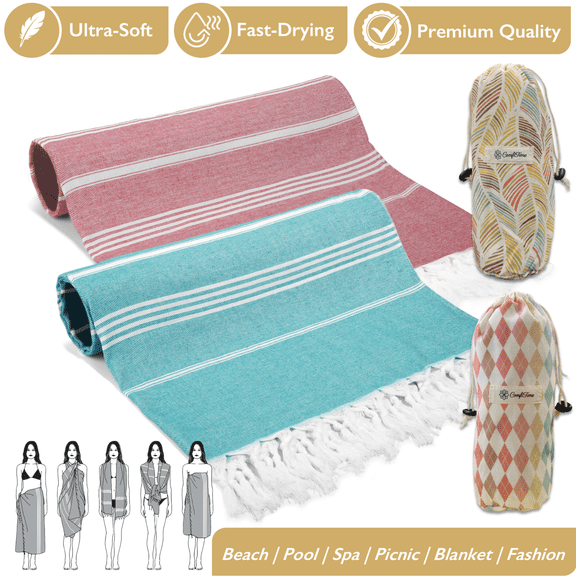 ComfiTime Turkish Beach Towel, 2Pack Soft Bath Pool Towel for Adults & Kids, Quick Dry & Sand Resistant Beach Blanket, Multipurpose Turkish Travel Towels for Indoor Outdoor Use, 35” x 71”