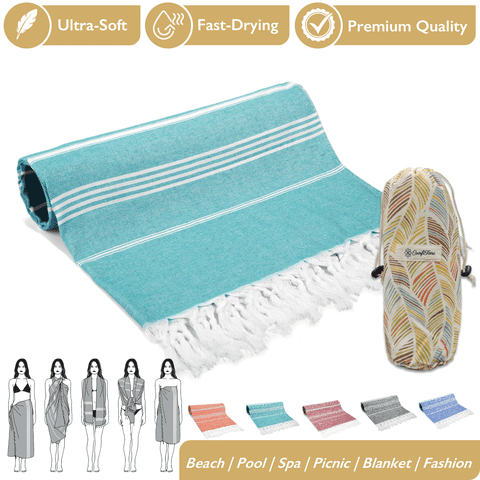 ComfiTime Turkish Beach Towel W/ Carry Bag, Soft Bath Pool Towel for Adults & Kids, Quick Dry & Sand Resistant Beach Blanket, Multipurpose Turkish Travel Towels for Indoor Outdoor Use, 35” x 71”