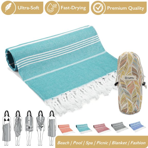 ComfiTime Turkish Beach Towel W/ Carry Bag, Soft Bath Pool Towel for Adults & Kids, Quick Dry & Sand Resistant Beach Blanket, Multipurpose Turkish Travel Towels for Indoor Outdoor Use, 35” x 71”