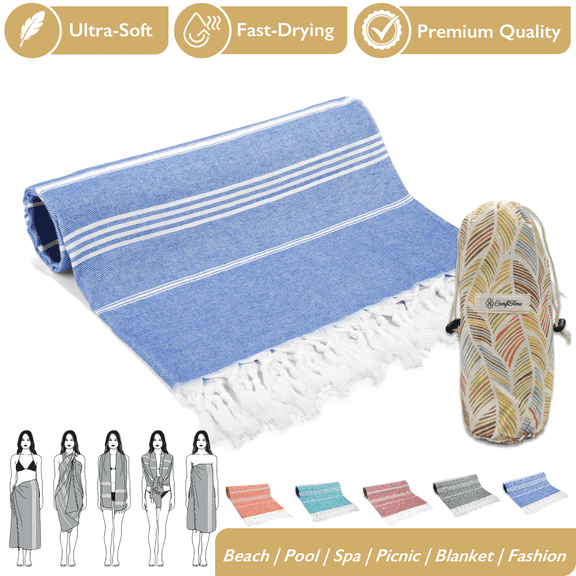 ComfiTime Turkish Beach Towel W/ Carry Bag, Soft Bath Pool Towel for Adults & Kids, Quick Dry & Sand Resistant Beach Blanket, Multipurpose Turkish Travel Towels for Indoor Outdoor Use, 35” x 71”