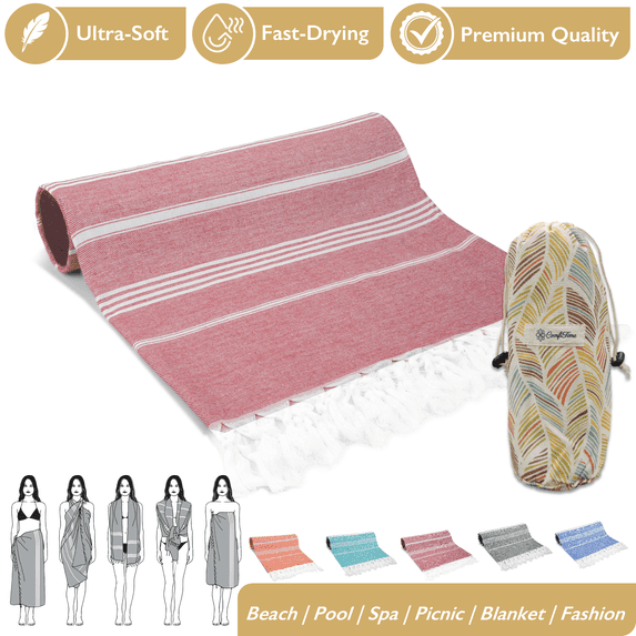 ComfiTime Turkish Beach Towel W/ Carry Bag, Soft Bath Pool Towel for Adults & Kids, Quick Dry & Sand Resistant Beach Blanket, Multipurpose Turkish Travel Towels for Indoor Outdoor Use, 35” x 71”