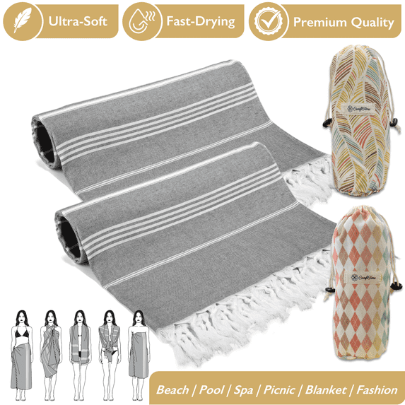 ComfiTime Turkish Beach Towel, 2Pack Soft Bath Pool Towel for Adults & Kids, Quick Dry & Sand Resistant Beach Blanket, Multipurpose Turkish Travel Towels for Indoor Outdoor Use, 35” x 71”