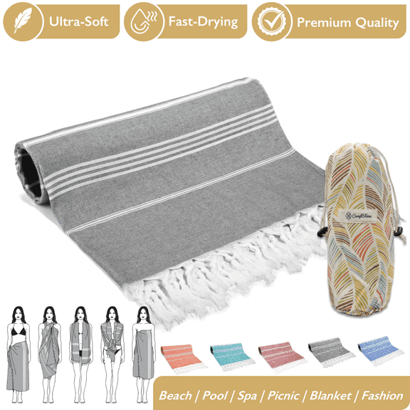 ComfiTime Turkish Beach Towel W/ Carry Bag, Soft Bath Pool Towel for Adults & Kids, Quick Dry & Sand Resistant Beach Blanket, Multipurpose Turkish Travel Towels for Indoor Outdoor Use, 35” x 71”