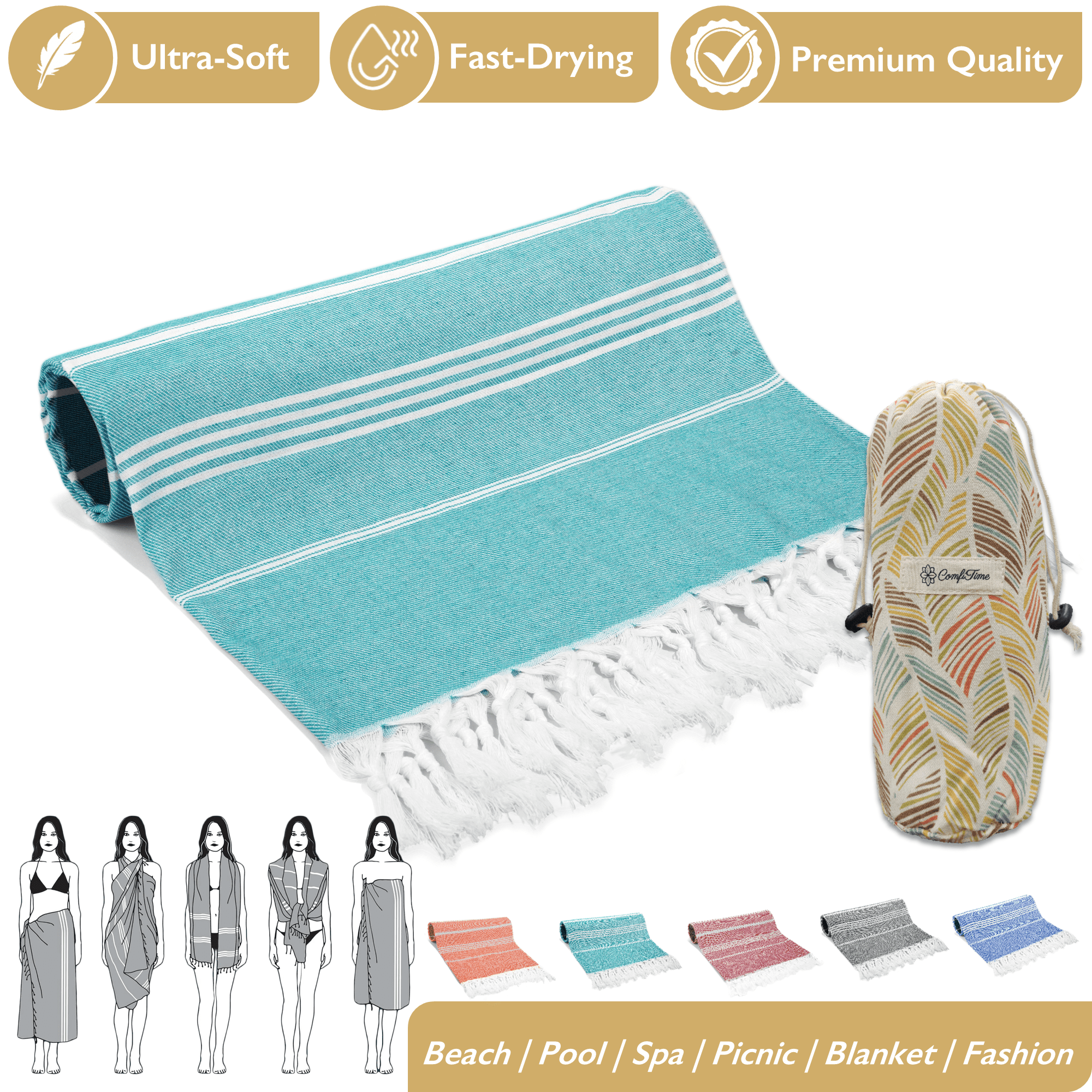 Sand Soft Fall ComfiTime Turkish Beach Towel W/ Carry Bag, Soft Bath Pool Towel for ...