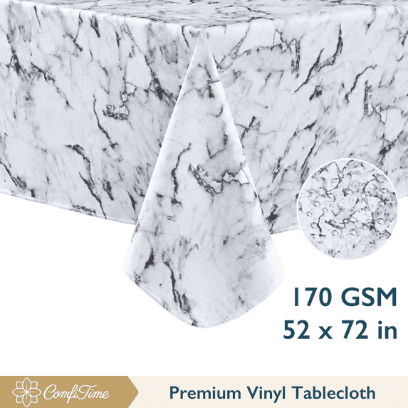ComfiTime Vinyl Tablecloth - 52 x 70 Wipeable Plastic Table Cover, Flannel-Backed, Waterproof, Easy-Clean, Gray Marble