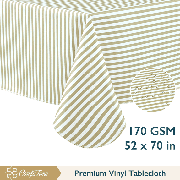 ComfiTime Vinyl Tablecloth - 52 x 70 Wipeable Plastic Table Cover, Flannel-Backed, Waterproof, Easy-Clean, Green Stripes