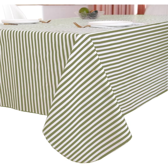 ComfiTime Vinyl Tablecloth - 54 x 54 Wipeable Plastic Table Cover, Flannel-Backed, Waterproof, Easy-Clean, Green Stripes