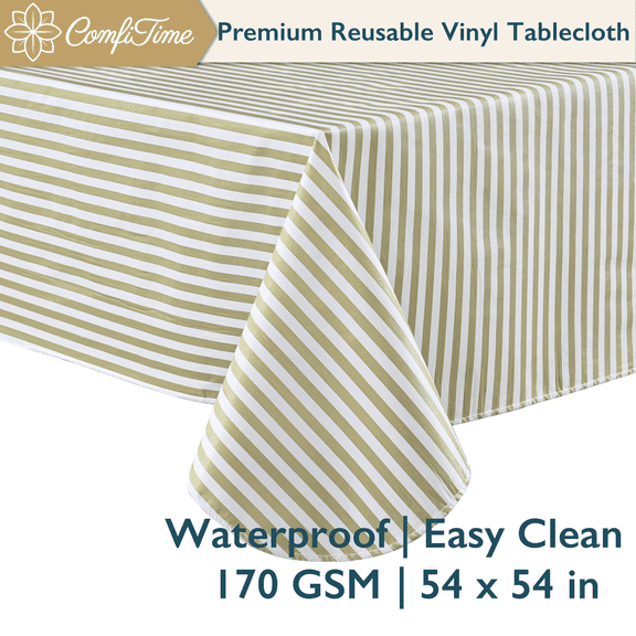 ComfiTime Vinyl Tablecloth - 54 x 54 Wipeable Plastic Table Cover, Flannel-Backed, Waterproof, Easy-Clean, Green Stripes