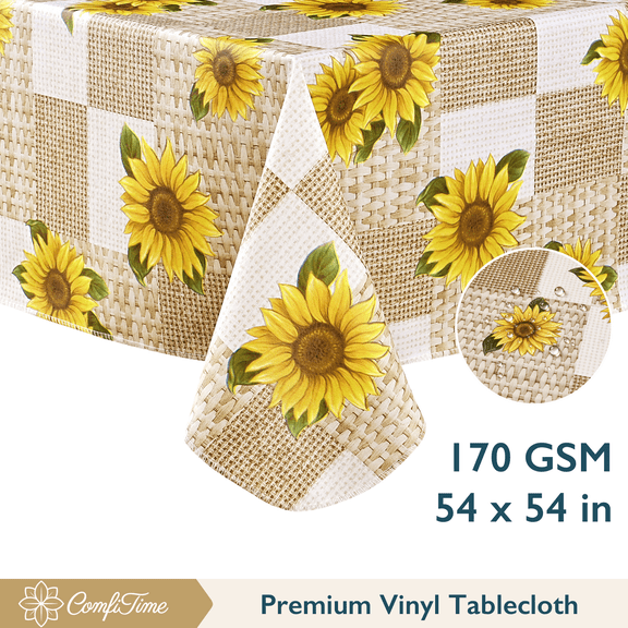 ComfiTime Vinyl Tablecloth - 54 x 54 Wipeable Plastic Table Cover, Flannel-Backed, Waterproof, Easy-Clean, Sunflower