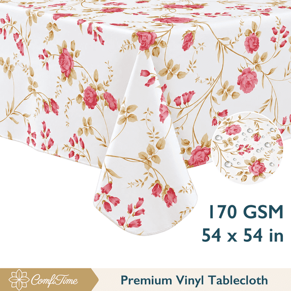 ComfiTime Vinyl Tablecloth - 54 x 54 Wipeable Plastic Table Cover, Flannel-Backed, Waterproof, Easy-Clean, Vintage Rose