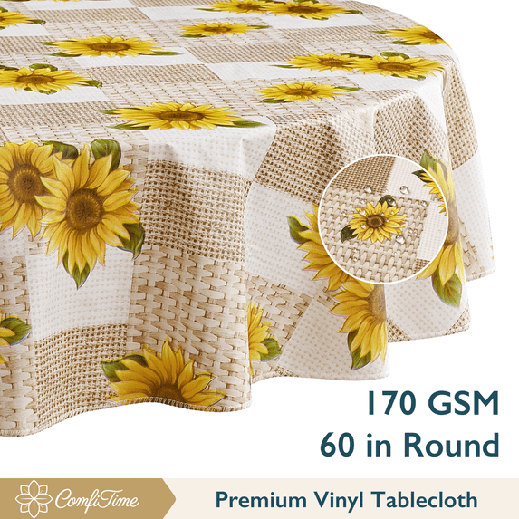 ComfiTime Vinyl Tablecloth - 60 Round Wipeable Plastic Table Cover, Flannel-Backed, Waterproof, Easy-Clean, Sunflower
