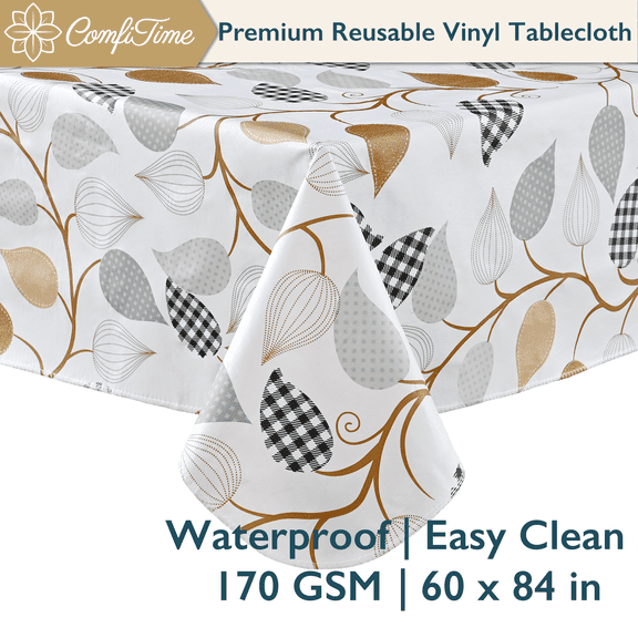 ComfiTime Vinyl Tablecloth - 60 x 84 Wipeable Plastic Table Cover, Flannel-Backed, Waterproof, Easy-Clean, Golden Leaves