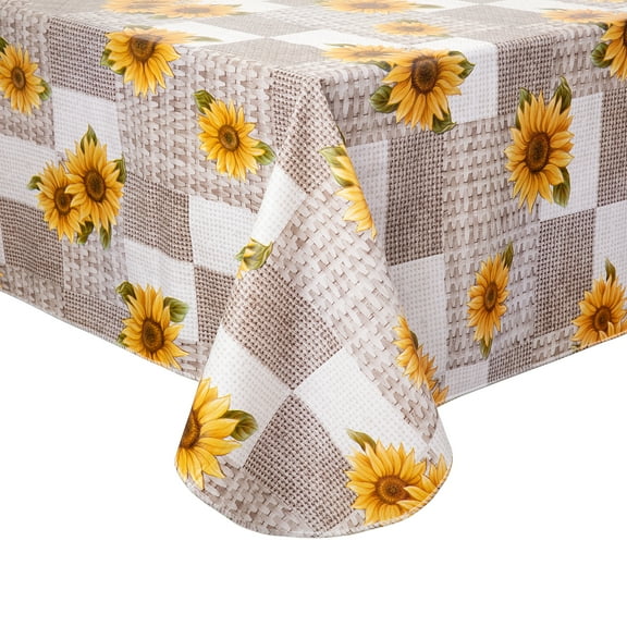 ComfiTime Vinyl Tablecloth - 60 x 84 Wipeable Plastic Table Cover, Flannel-Backed, Waterproof, Easy-Clean, Sunflower