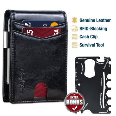 ComfiTime Wallet for Men Slim, RFID Blocking Men's Wallet W/ Money Clip, Genuine Leather Front Pocket Wallet for Men & Women, Small Travel Wallet W/ ID Window, 11 Credit Card Slots & Gift Box, Black