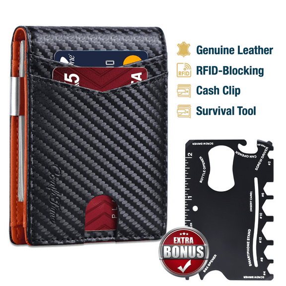 ComfiTime Wallet for Men Slim, RFID Blocking Men's Wallet W/ Money Clip, Genuine Leather Front Pocket Wallet for Men & Women, Small Travel Wallet W/ ID Window, 11 Credit Card Slots & Gift Box, Black