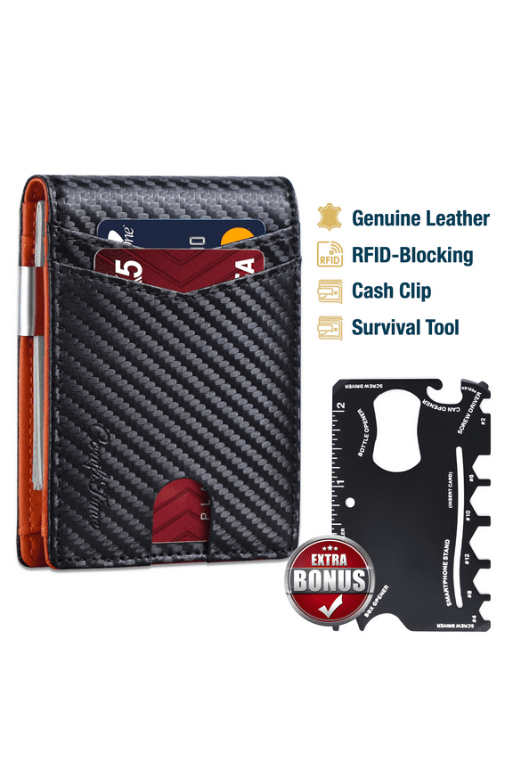 Wallet for Men Slim, RFID Blocking Men's Wallet W/ Money Clip, Genuine Leather Front Pocket Wallet for Men & Women, Small Travel Wallet W/ ID Window, 11 Credit Card Slots & Gift Box, Black