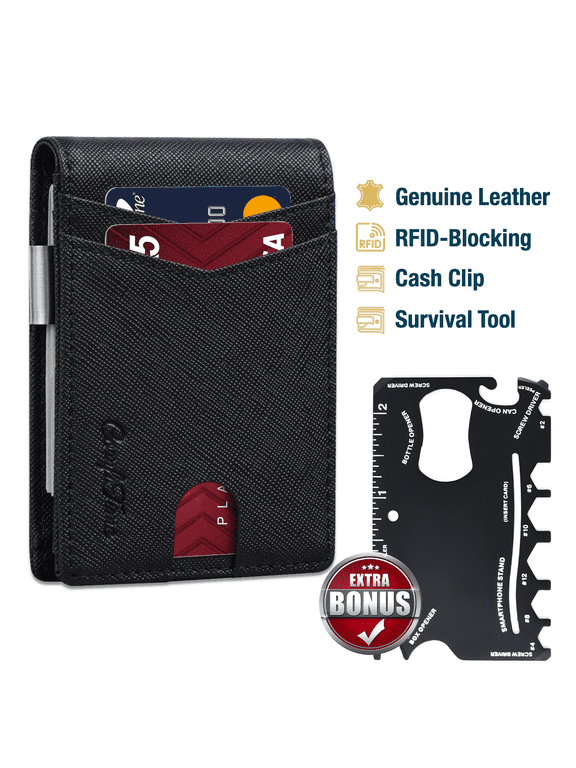 Wallet for Men Slim, RFID Blocking Men's Wallet W/ Money Clip, Genuine Leather Front Pocket Wallet for Men & Women, Small Travel Wallet W/ ID Window, 11 Credit Card Slots & Gift Box, Black