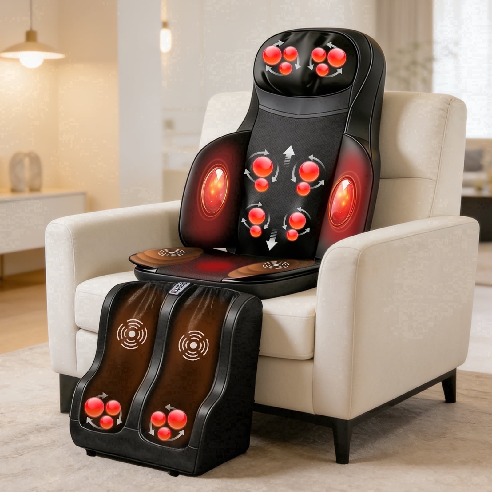 Full Body Massage Chair Pad with Heat, Shiatsu Neck & Back Massager with Foot Massager, Kneading & Rolling Massage for Pain Relief, Home Office Use - Black