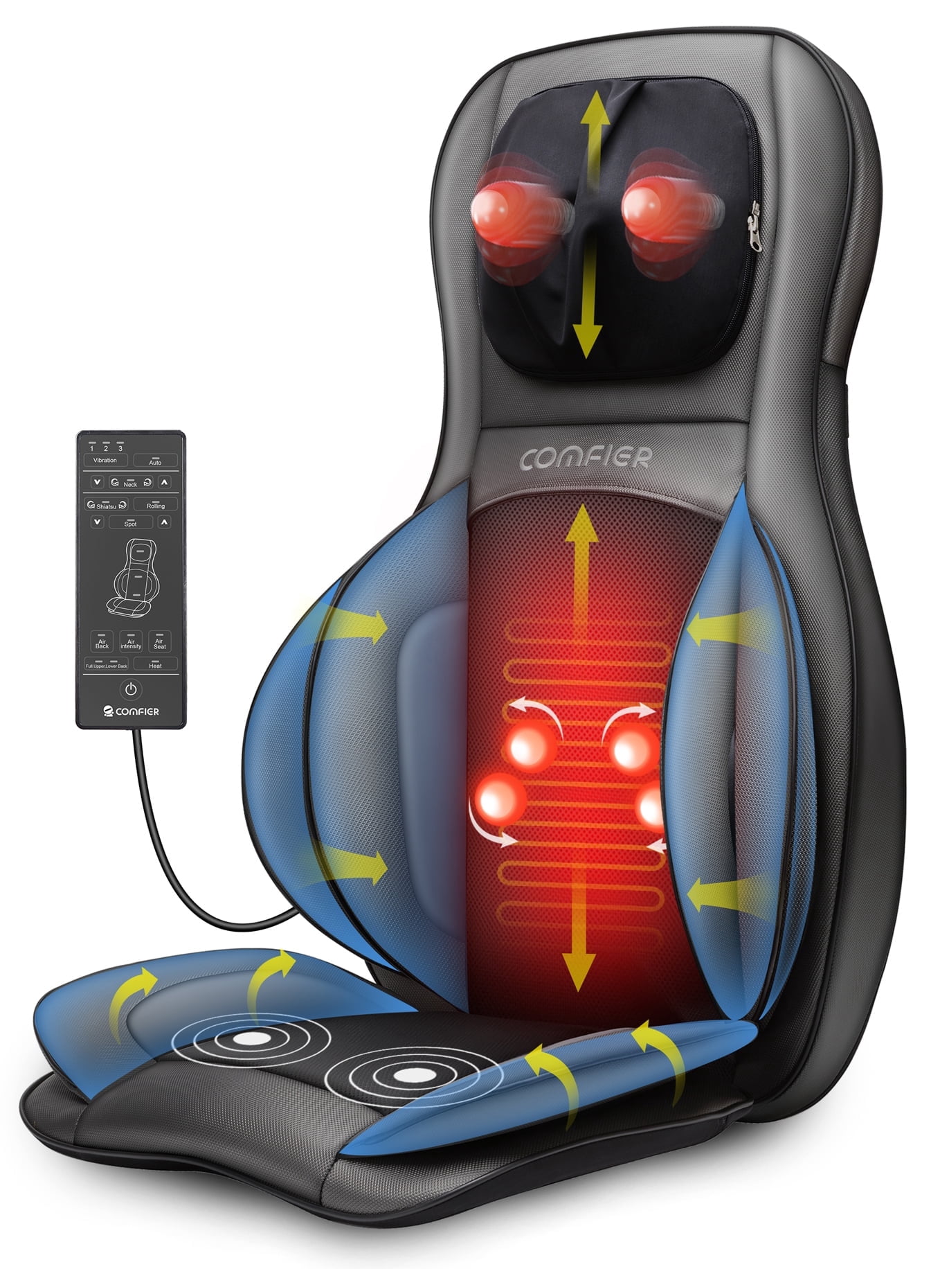 Comfier Shiatsu Neck Back Massager, 2D/3D Kneading Massage Chair Pad, Heating Compression Seat Cushion Massagers,   Black