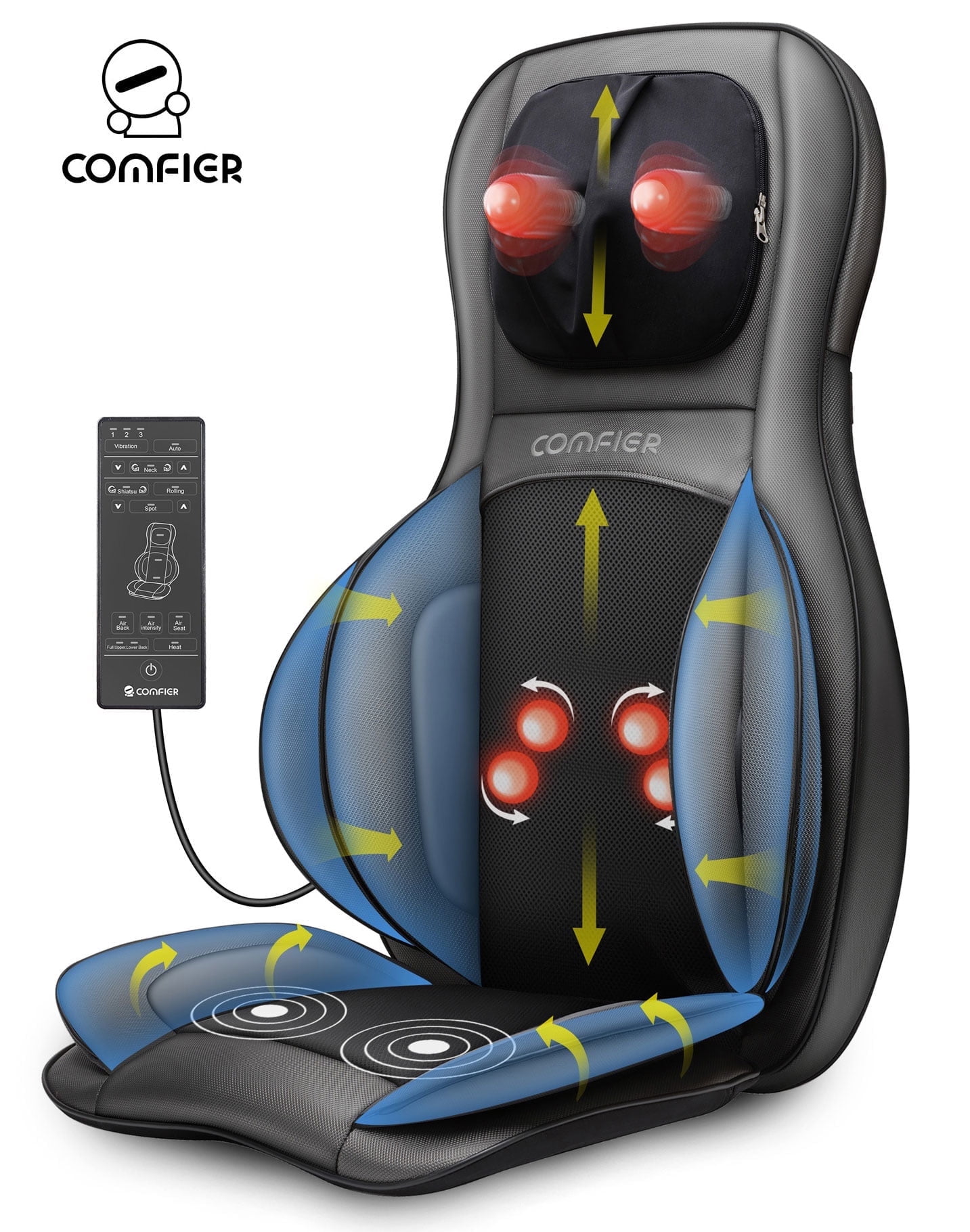 Comfier Shiatsu Neck Back Massager, 2D/3D Kneading Massage Chair Pad, Heating Compression Seat Cushion Massagers, Ideal Gifts - Black