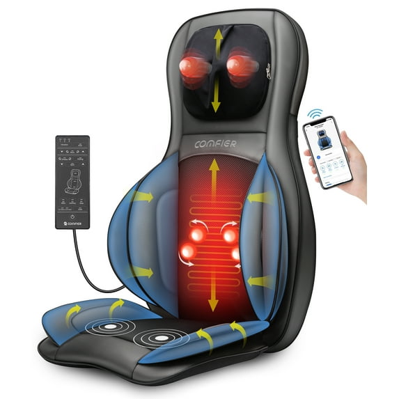 Comfier Shiatsu Neck Back Massager with App Remote, 2D/3D Kneading Massage Chair Pad, Heating Compression Seat Cushion Massagers, Ideal Gifts - Black