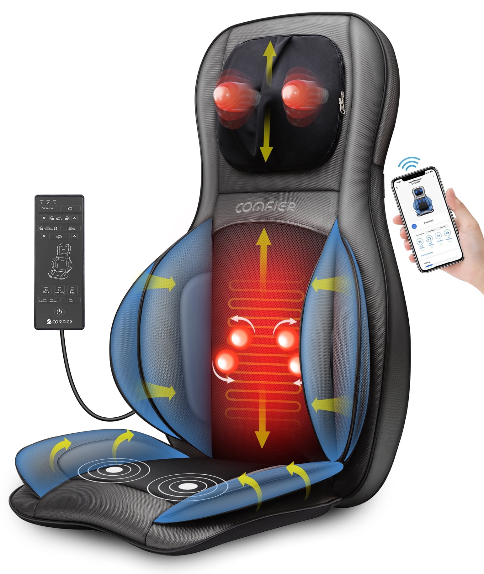 Comfier Shiatsu Neck Back Massager with App Remote, 2D/3D Kneading Massage Chair Pad, Heating Compression Seat Cushion Massagers, Ideal Gifts - Black