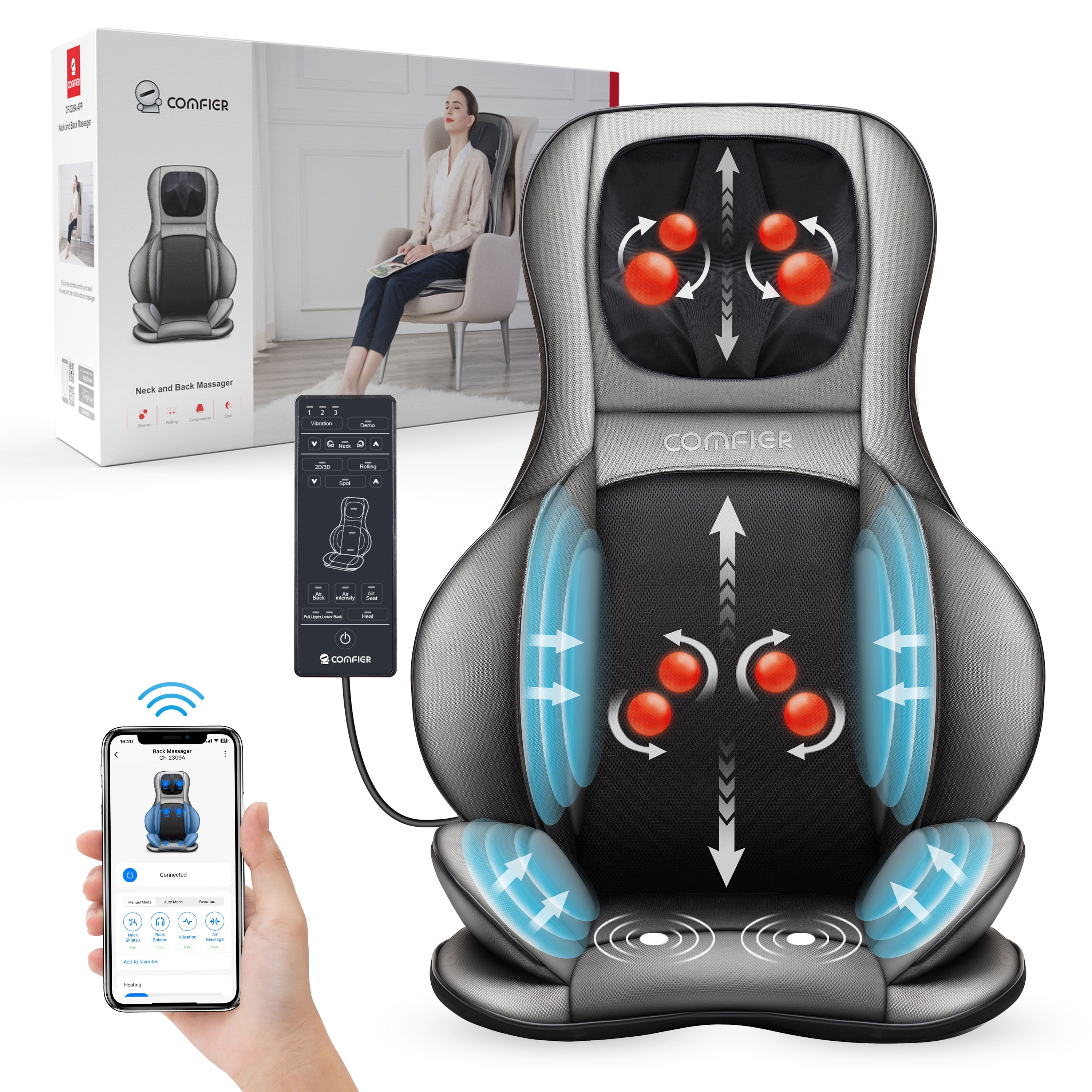 Comfier Shiatsu Neck Back Massager with Heat, 2D/3D Deep Tissue Kneading  Massage Chair Pad Seat Cushion Massagers, APP Control, Dark Grey 