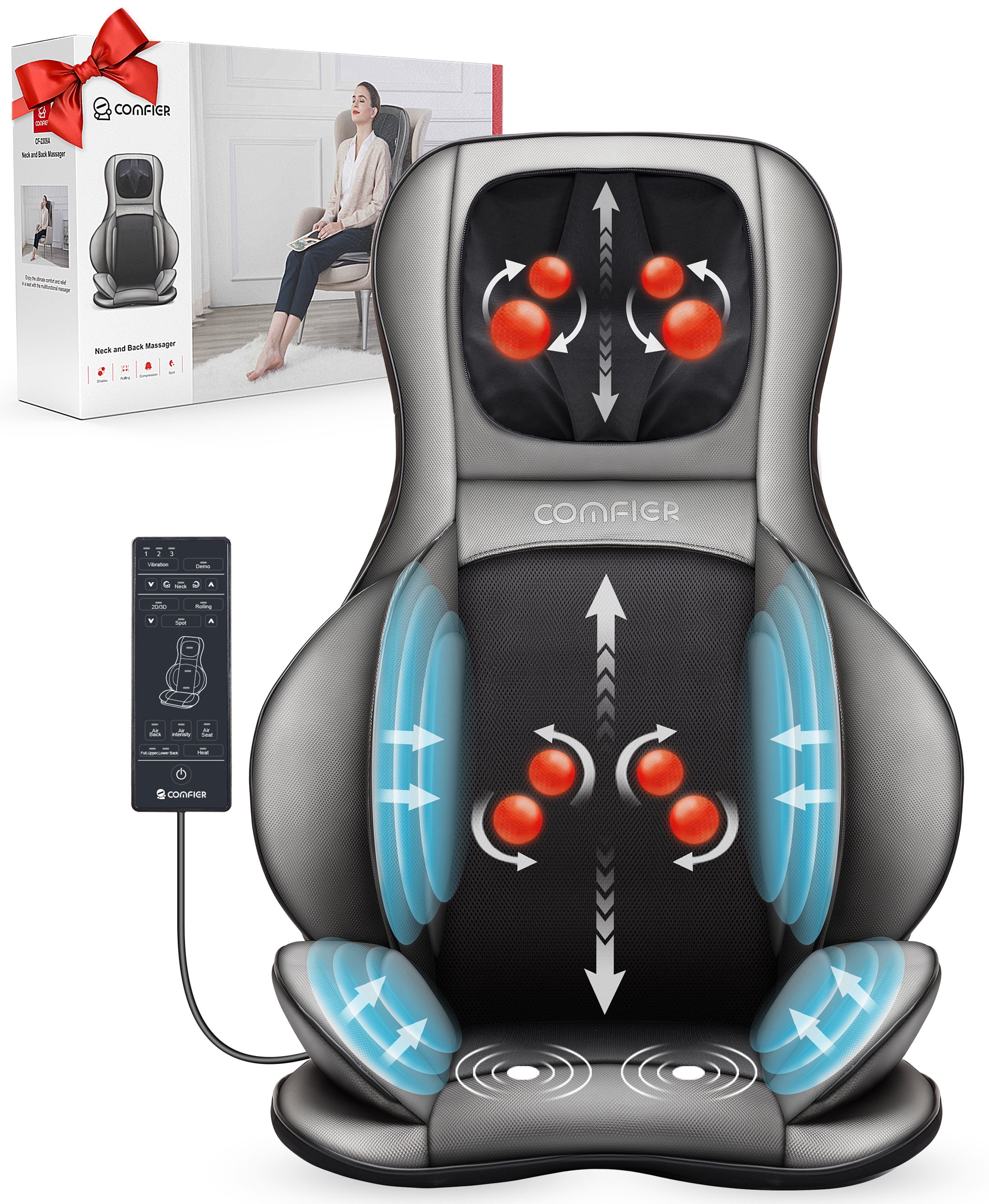Comfier Shiatsu Neck Back Massager with Heat, 2D/3D Deep Tissue Kneading  Massage Chair Pad Seat Cushion Massagers, APP Control, Dark Grey 
