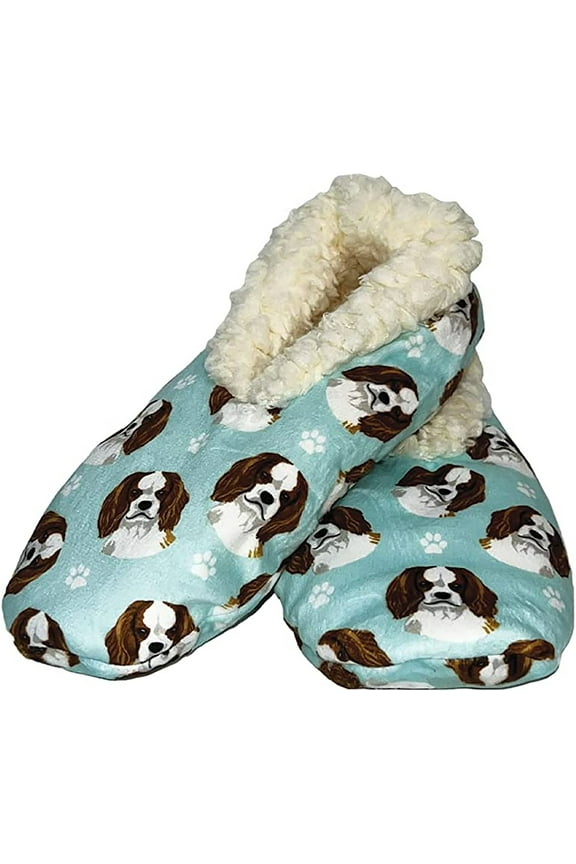 Womens Cavalier King Charles Dog Slippers - Sherpa Lined Animal Print Booties