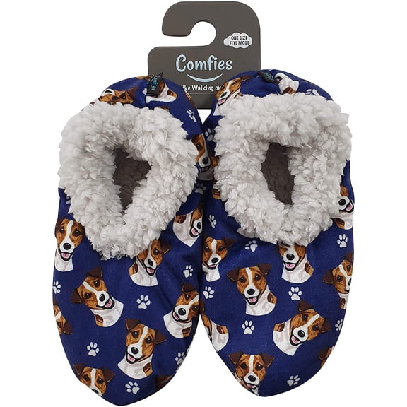 Comfies Womens Jack Russell Dog Slippers - Sherpa Lined Animal Print Booties