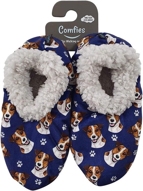 Womens Jack Russell Dog Slippers - Sherpa Lined Animal Print Booties