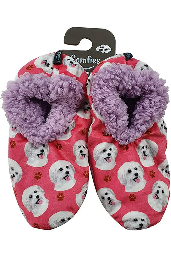 Womens Maltese Dog Slippers - Sherpa Lined Animal Print Booties