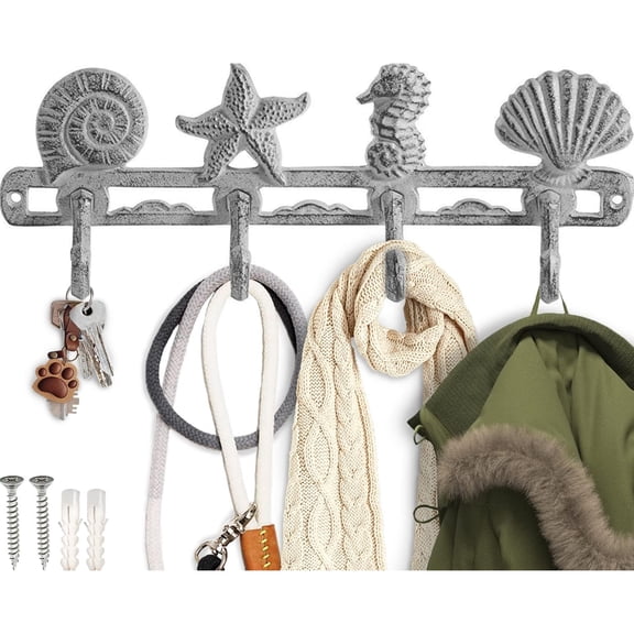 Comfify Antique White Seashell Cast Iron Wall Hook Rack – 4 Hooks, 13.5"