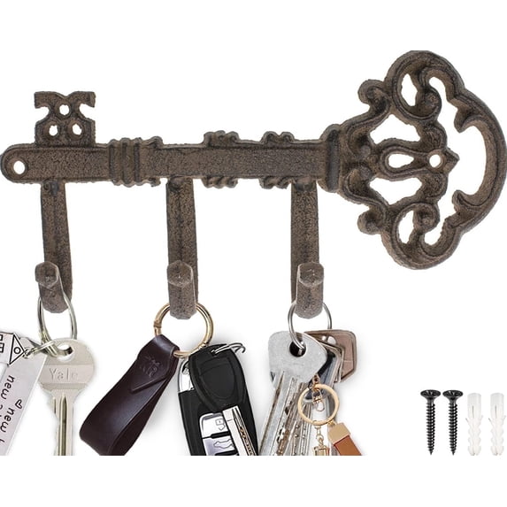 Comfify Cast Iron Skeleton Key Wall Hook Rack, Screw-Mounted, 3 Hooks, Vintage Style