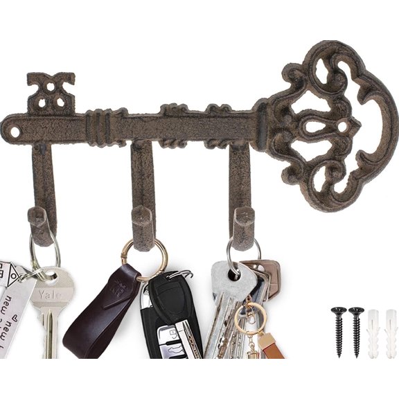 Comfify Cast Iron Skeleton Key Wall Hook Rack, Screw-Mounted, 3 Hooks, Vintage Style