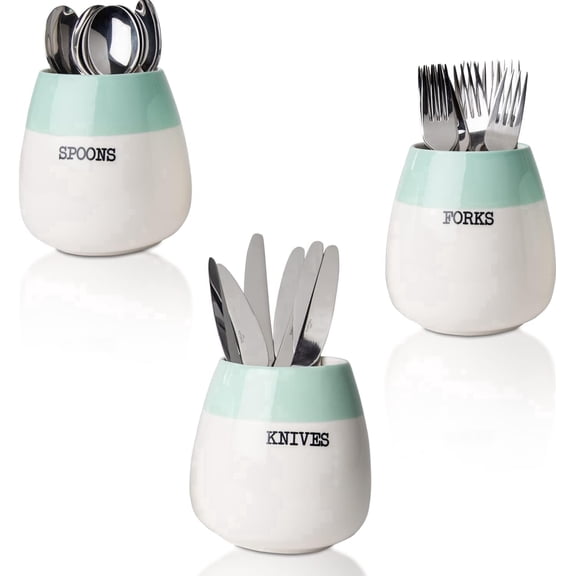 Comfify Ceramic Cutlery Holder Set, Sage Green and White, Kitchen Countertop Silverware Organizer, Set of 3