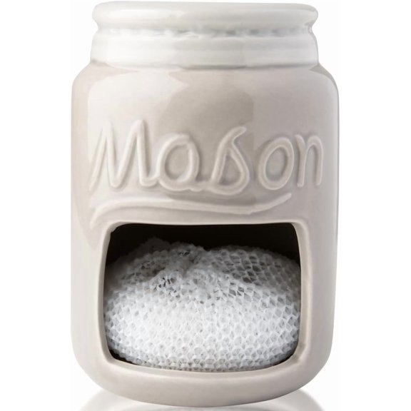 Comfify ceramic kitchen sponge holder, sink caddy with mason jar design, gray