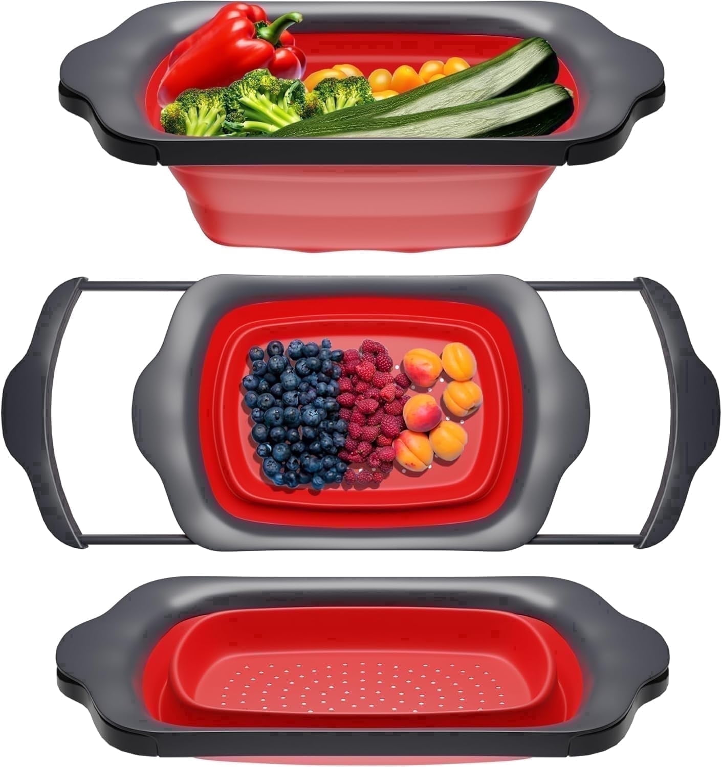 Comfify XL Large Kitchen Strainer - Collapsible Silicone Over-The-Sink Colander with Extendable Handles - Use with Pasta, Fruit, Berries & Veggie - 6 Quart - Red
