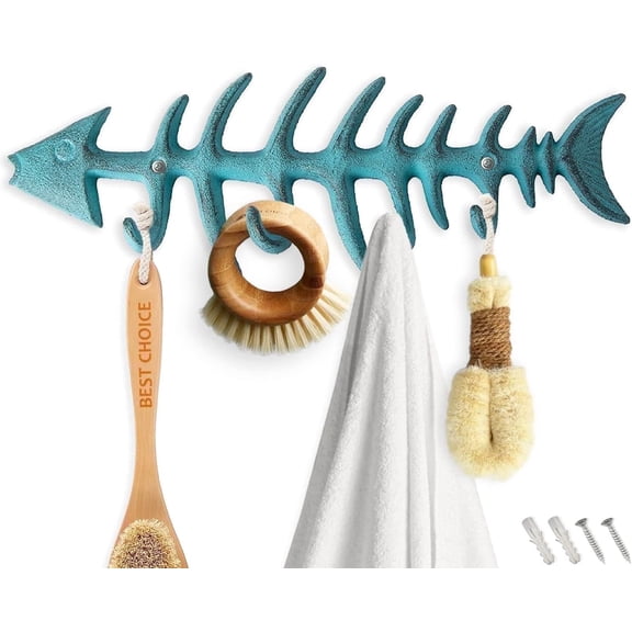 Comfify Cast Iron Fishbone Wall Mounted Towel Hook Rack, 4 Hooks, Teal Blue, Decorative Wall Organizer