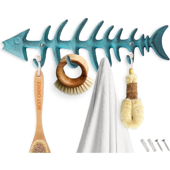 Comfify Blue Cast Iron Fish Bones Coat Hook Rack, 4 Hooks