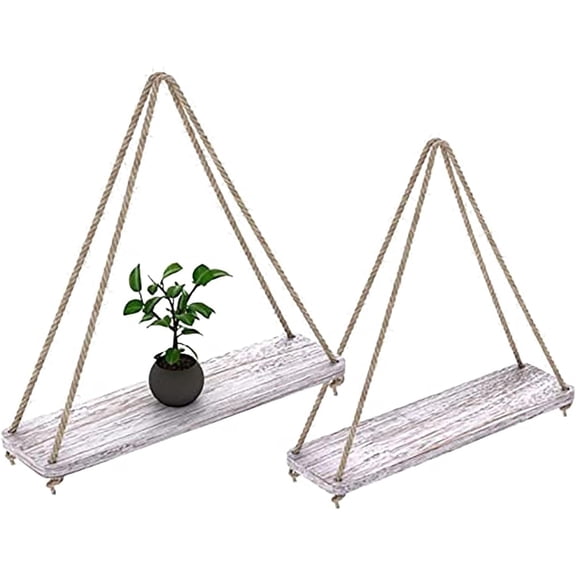 Comfify Paulownia Wood Wall Shelves with Jute Rope, Set of 2, 17 x 5.2 in, Rustic White