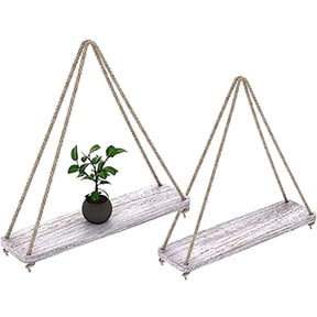 Comfify Rustic White Hanging Wall Shelves Set of 2, Jute Rope Floating Shelves, Paulownia Wood Farmhouse Wall Decor