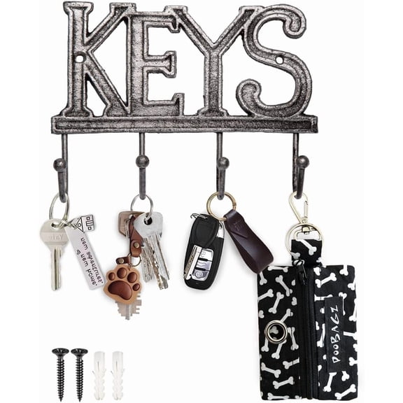 Comfify Gray Cast Iron Key Holder for Wall – KEYS Sign with 4 Hooks
