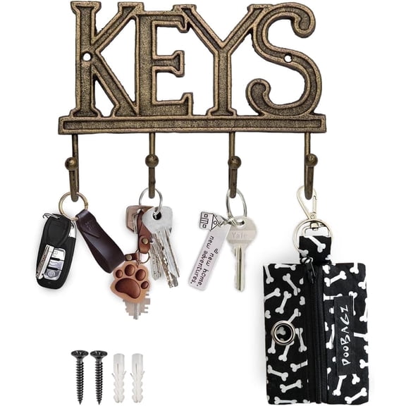Comfify Gold & Black Cast Iron Wall Key Holder with 4 Hooks, Decorative KEYS Sign, Farmhouse Rustic Entryway Key Rack, Wall Mounted Key Organizer