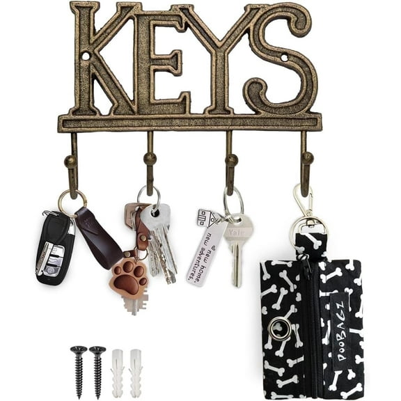 Comfify Cast Iron Wall Key Holder, Decorative Farmhouse Key Rack with 4 Hooks, Gold & Black