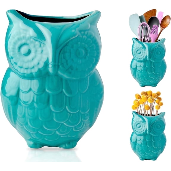 Comfify Ceramic Owl Utensil Holder for Kitchen Countertop Storage, Aqua Blue Finish