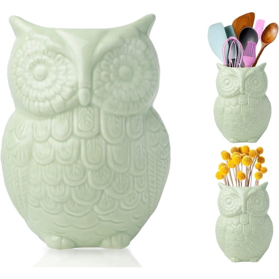 Comfify Owl Utensil Holder Decorative Ceramic Cookware Crock & Organizer, in Lovely Green Color - Utensil Caddy and Perfect Kitchen Ceramic Decor Gift - 5” x 7” x 4” Size