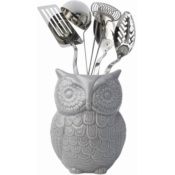 Comfify Ceramic Utensil Holder, Owl Design Kitchen Organizer for Spoons & Cooking Tools, Gray, 5 x 7 x 4 in