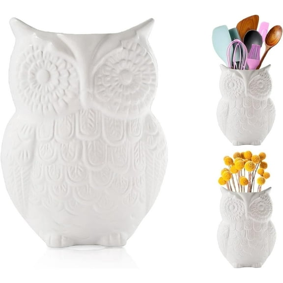 Comfify Ceramic Owl Utensil Holder for Kitchen Countertop Use, White