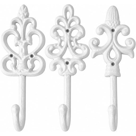 Comfify Pure White Cast Iron Wall Hooks Set of 3, 7.08 x 3.22 x 1.65 in Decorative Wall Mounted Hooks